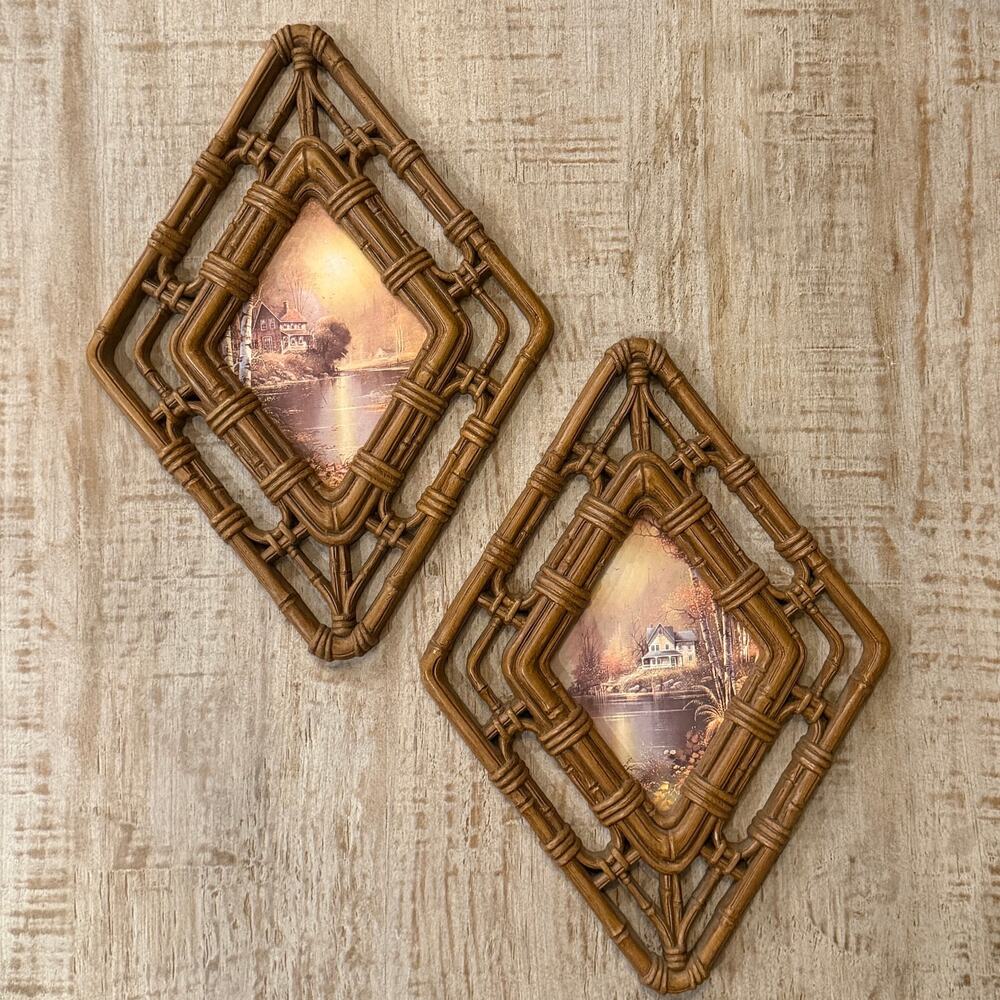 Vintage Rattan Wall Art Cottagecore Bamboo Wicker Framed Print Decor Set of 2
